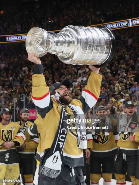 Alex Pietrangelo of the Vegas Golden Knights celebrates the Stanley Cup victory over the Florida Panthers in Game Five of the 2023 NHL Stanley Cup...