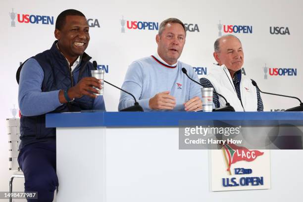 President Fred Perpall, USGA CEO Mike Whan and USGA Chief Championships Officer John Bodenhamer speak to the media during a press conference prior to...