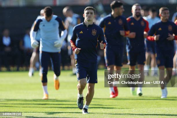 Gavi of Spain looks on during the Spain Training Session ahead of the UEFA Nations League 2022/23 match between Italy and Spain on 15th June 2023 at...