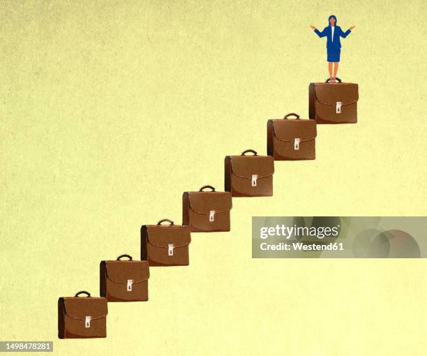 illustration of woman standing on top of stairs made of briefcases - steps and staircases stock illustrations