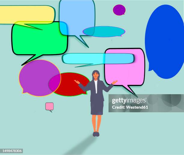 illustration of blank speech bubbles over female public speaker - audio speakers stock illustrations