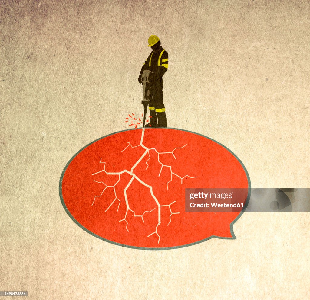 Illustration of construction worker destroying speech bubble