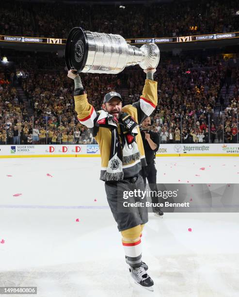 Alec Martinez of the Vegas Golden Knights celebrates the Stanley Cup victory over the Florida Panthers in Game Five of the 2023 NHL Stanley Cup Final...