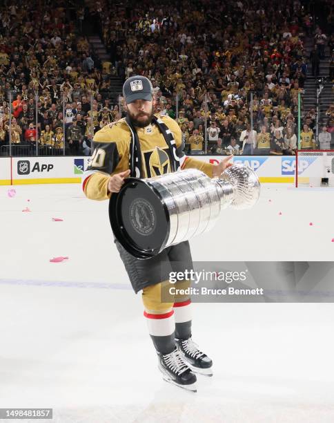 Chandler Stephenson of the Vegas Golden Knights celebrates the Stanley Cup victory over the Florida Panthers in Game Five of the 2023 NHL Stanley Cup...