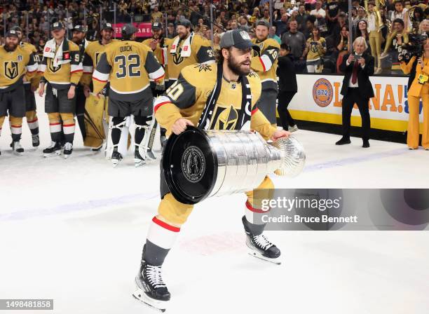 Chandler Stephenson of the Vegas Golden Knights celebrates the Stanley Cup victory over the Florida Panthers in Game Five of the 2023 NHL Stanley Cup...