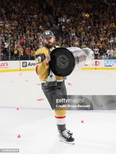 Chandler Stephenson of the Vegas Golden Knights celebrates the Stanley Cup victory over the Florida Panthers in Game Five of the 2023 NHL Stanley Cup...
