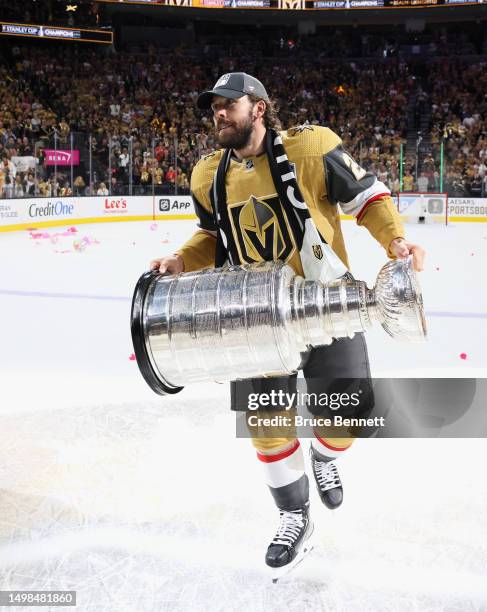 Chandler Stephenson of the Vegas Golden Knights celebrates the Stanley Cup victory over the Florida Panthers in Game Five of the 2023 NHL Stanley Cup...