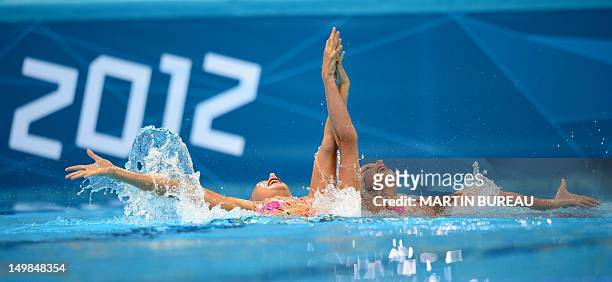 France's Chloe Willhelm and France's Sara Labrousse compete in the duets technical routine during the synchronised swimming competition at the London...