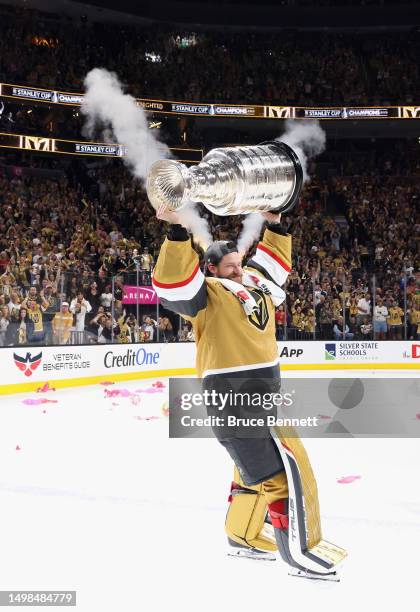 Adin Hill of the Vegas Golden Knights celebrates the Stanley Cup victory over the Florida Panthers in Game Five of the 2023 NHL Stanley Cup Final at...