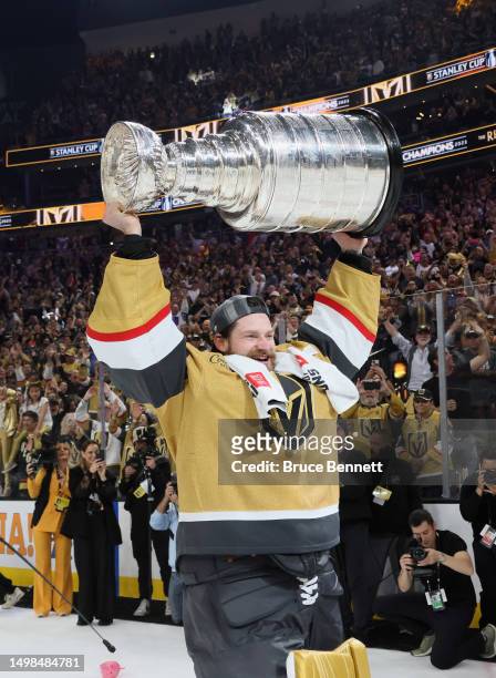 Adin Hill of the Vegas Golden Knights celebrates the Stanley Cup victory over the Florida Panthers in Game Five of the 2023 NHL Stanley Cup Final at...