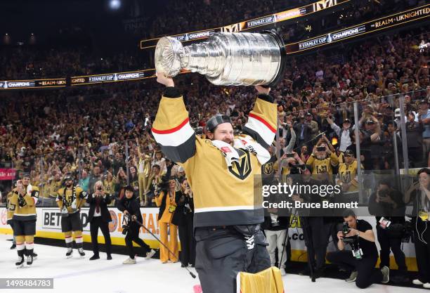 Adin Hill of the Vegas Golden Knights celebrates the Stanley Cup victory over the Florida Panthers in Game Five of the 2023 NHL Stanley Cup Final at...