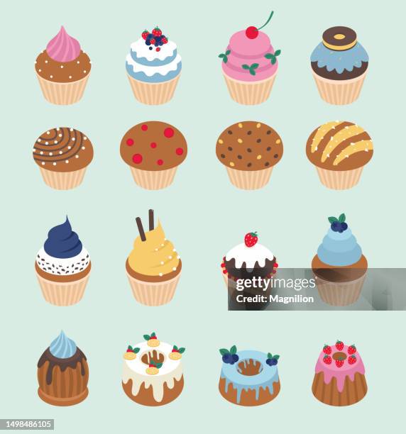 ilustraciones, imágenes clip art, dibujos animados e iconos de stock de cupcakes isometric vector set - magdalena con glaseado