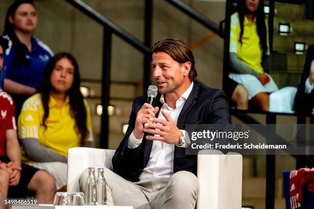 Talk on stage with Cella Sasic, Philipp Lahm and Roman Weidenfeller for Uefa EURO 2024 Volunteer Launch at Deutsches Fussballmuseum on June 14, 2023...