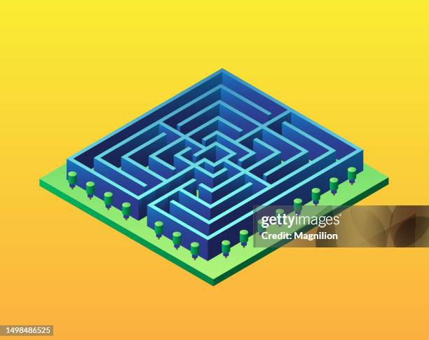 labyrinth, maze isometric vector - circle maze pattern stock illustrations