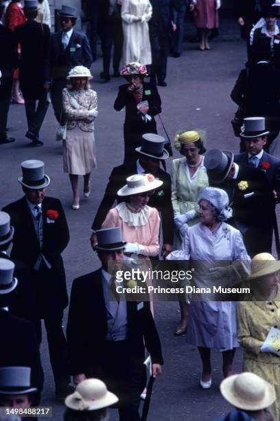 Elevated view of Lady Diana Spencer , Lady Susan Hussey , Elizabeth the Queen Mother , and Queen Elizabeth II as they attend the Royal Ascot, at the...