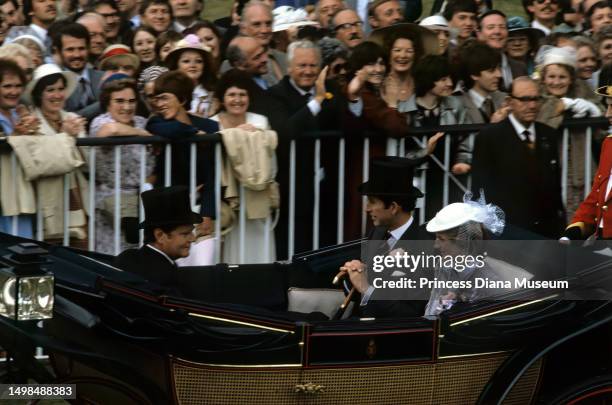 Engaged couple Prince Charles and Lady Diana Spencer , along with unidentified others, they ride in a carriage during the Royal Ascot, at the Ascot...