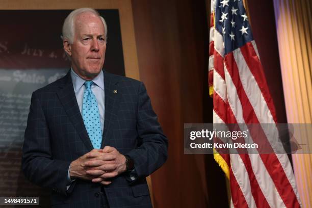 Sen. John Cornyn speaks at a press conference on student loans at the U.S. Capitol on June 14, 2023 in Washington, DC. The Senator spoke on...