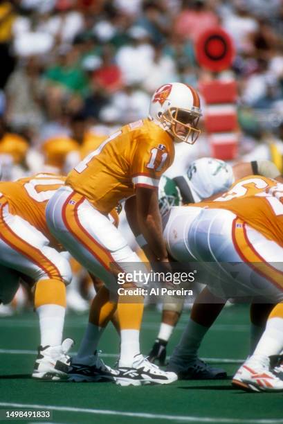 Quarterback Casey Weldon of the Tampa Bay Buccaneers calls a play in the game between the Tampa Bay Buccaneers vs the Philadelphia Eagles at Veterans...