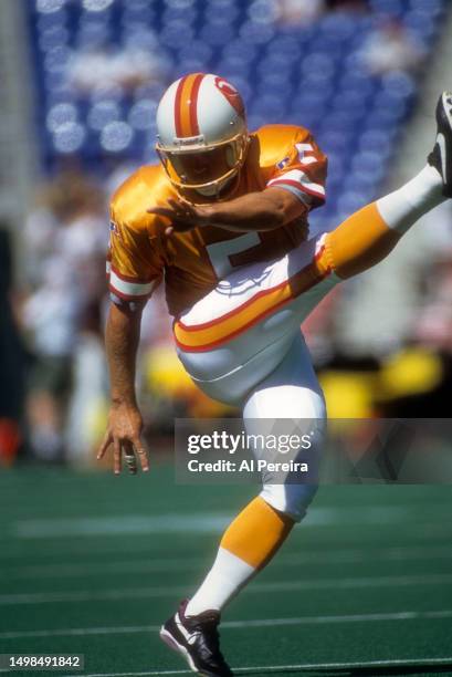 Kicker Michael Husted of the Tampa Bay Buccaneers kicks in the game between the Tampa Bay Buccaneers vs the Philadelphia Eagles at Veterans Stadium...