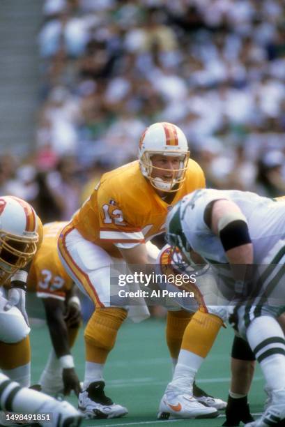 Quarterback Trent Dilfer of the Tampa Bay Buccaneers calls a play in the game between the Tampa Bay Buccaneers vs the Philadelphia Eagles at Veterans...