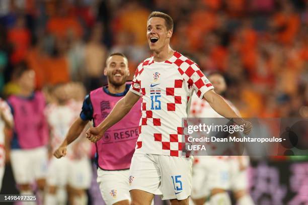 Mario Pasalic of Croatia celebrates after scoring the team's second goal during the UEFA Nations League 2022/23 semifinal match between Netherlands...