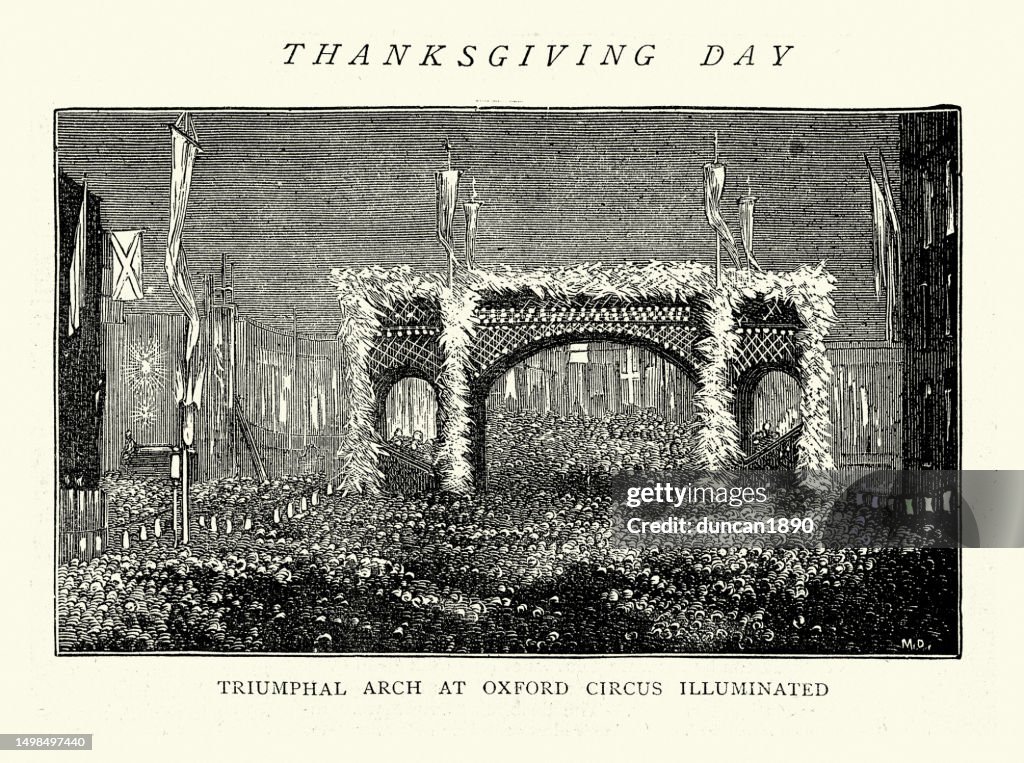 Triumphal Arch at Oxford Circus illuminated, Sketch from the Thanksgiving day for the recovery of Prince of Wales, later King Edward VII, from typhoid fever, 1872
