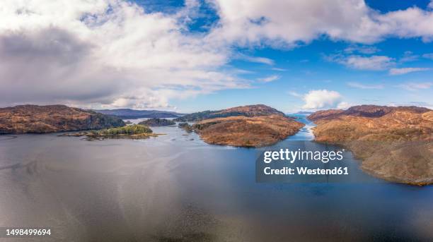 uk, scotland, aerial view of loch moidart with eilean shona island in center - loch moidart stock pictures, royalty-free photos & images