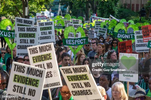 Thousands of local people and survivors join the sixth anniversary Silent Walk on June 14, 2023 in London, England. A fire broke out in Grenfell...