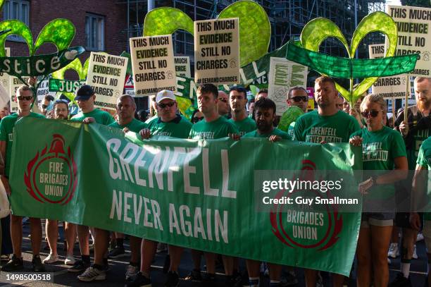 Off duty Firefighters join the sixth anniversary Silent Walk on June 14, 2023 in London, England. A fire broke out in Grenfell Tower, North...