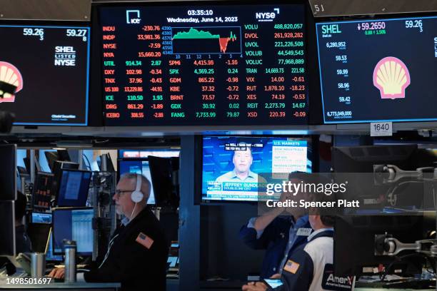 Traders work on the floor of the New York Stock Exchange on June 14, 2023 in New York City. Markets fell over 200 points following news that the...