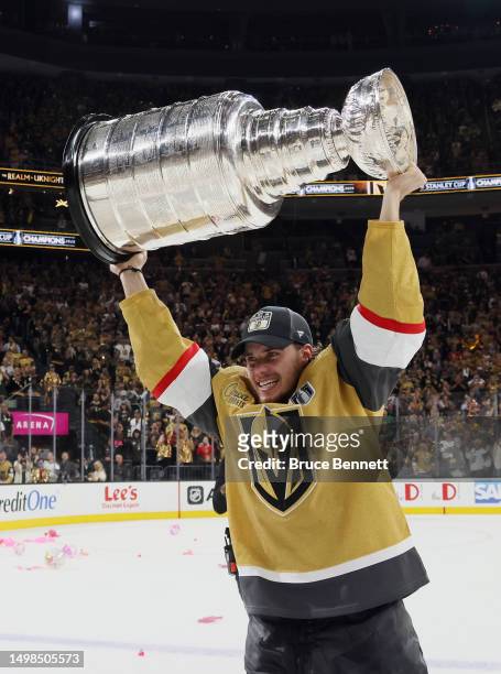 Brett Howden of the Vegas Golden Knights celebrates the Stanley Cup victory over the Florida Panthers in Game Five of the 2023 NHL Stanley Cup Final...