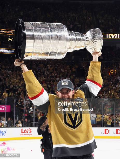 Brett Howden of the Vegas Golden Knights celebrates the Stanley Cup victory over the Florida Panthers in Game Five of the 2023 NHL Stanley Cup Final...