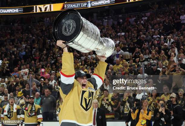 Brett Howden of the Vegas Golden Knights celebrates the Stanley Cup victory over the Florida Panthers in Game Five of the 2023 NHL Stanley Cup Final...