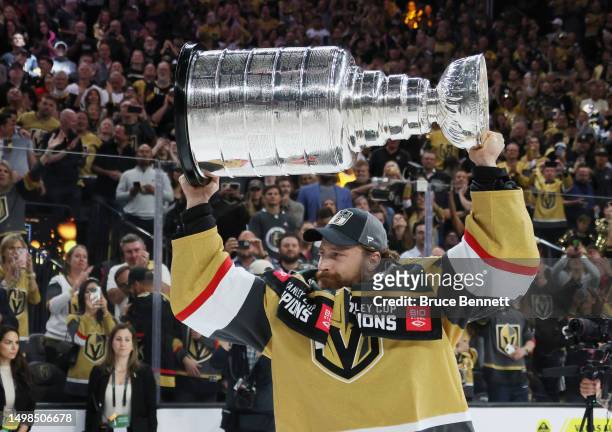 Laurent Brossoit of the Vegas Golden Knights celebrates the Stanley Cup victory over the Florida Panthers in Game Five of the 2023 NHL Stanley Cup...