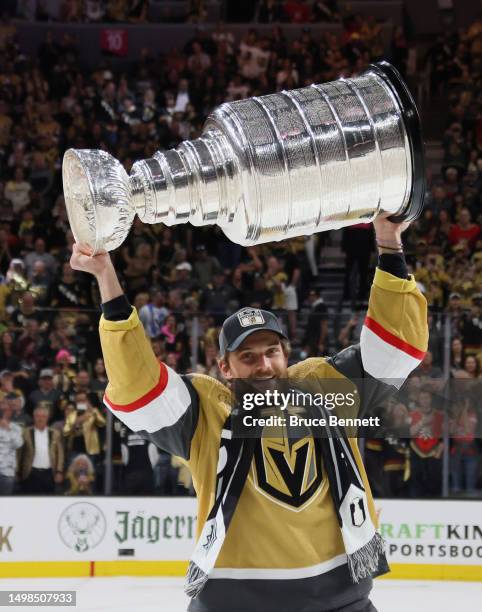 Teddy Blueger of the Vegas Golden Knights celebrates the Stanley Cup victory over the Florida Panthers in Game Five of the 2023 NHL Stanley Cup Final...