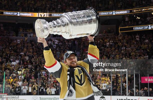 Teddy Blueger of the Vegas Golden Knights celebrates the Stanley Cup victory over the Florida Panthers in Game Five of the 2023 NHL Stanley Cup Final...