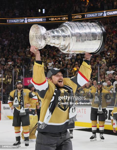 Teddy Blueger of the Vegas Golden Knights celebrates the Stanley Cup victory over the Florida Panthers in Game Five of the 2023 NHL Stanley Cup Final...