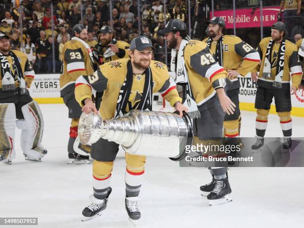Teddy Blueger of the Vegas Golden Knights celebrates the Stanley Cup victory over the Florida Panthers in Game Five of the 2023 NHL Stanley Cup Final...