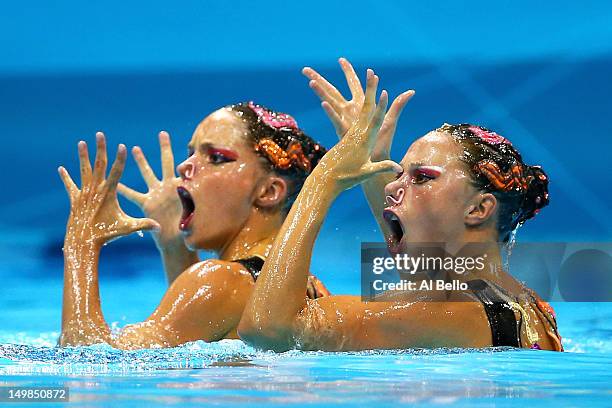 Sara Labrousse and Chloe Willhelm of France compete in the Women's Duets Synchronised Swimming Technical Routine on Day 9 of the London 2012 Olympic...