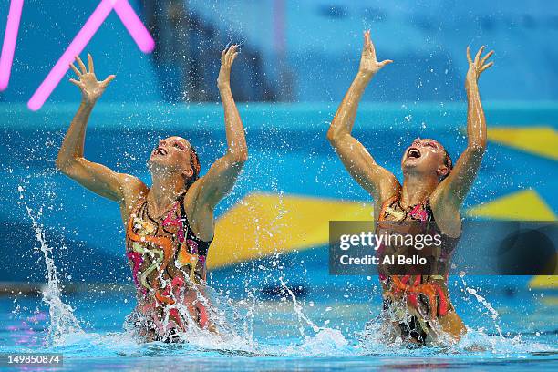 Sara Labrousse and Chloe Willhelm of France compete in the Women's Duets Synchronised Swimming Technical Routine on Day 9 of the London 2012 Olympic...