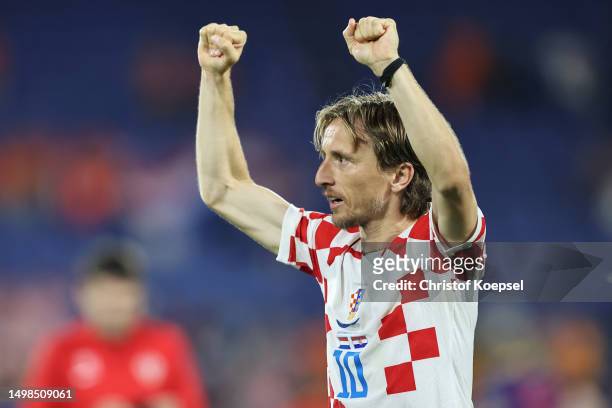 Luka Modric of Croatia celebrates after the team's victory in the UEFA Nations League 2022/23 semifinal match between Netherlands and Croatia at De...
