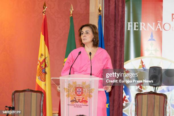 The Consul General of Portugal in Seville, Claudia Verena de Spinola speaks in the act, on June 14, 2023 in Seville, . The Minister of the...