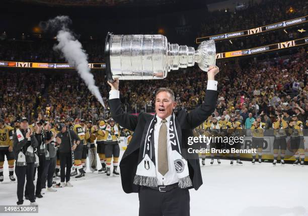 Head coach Bruce Cassidy of the Vegas Golden Knights celebrates the Stanley Cup victory over the Florida Panthers in Game Five of the 2023 NHL...