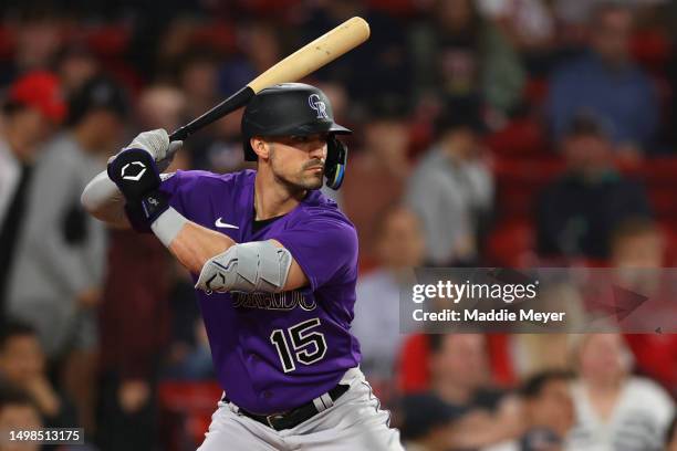 Randal Grichuk of the Colorado Rockies at bat against the Boston Red Sox during the tenth inning at Fenway Park on June 13, 2023 in Boston,...