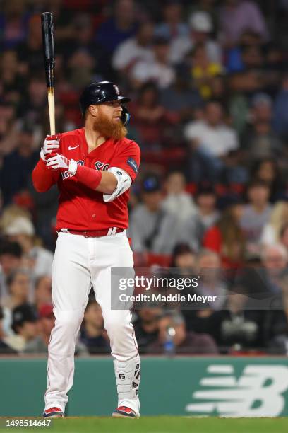 Justin Turner of the Boston Red Sox at bat against the Colorado Rockies during the fifth inning at Fenway Park on June 13, 2023 in Boston,...
