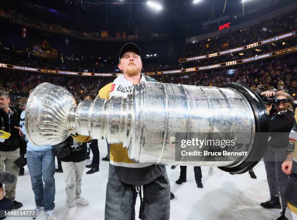 Jack Eichel of the Vegas Golden Knights celebrates the Stanley Cup victory over the Florida Panthers in Game Five of the 2023 NHL Stanley Cup Final...