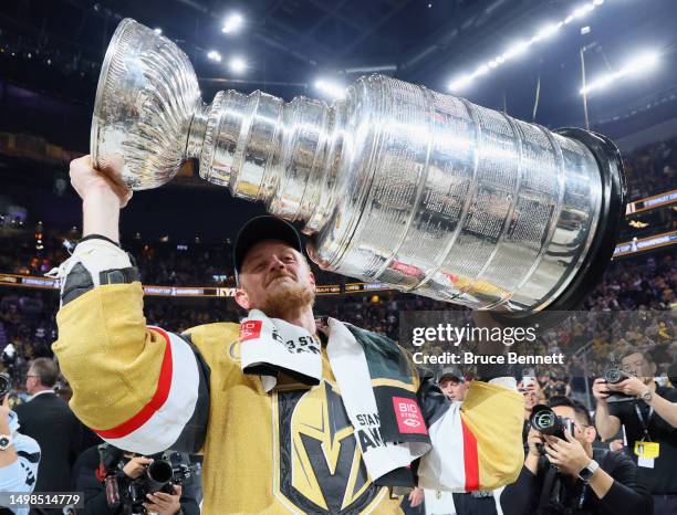 Jack Eichel of the Vegas Golden Knights celebrates the Stanley Cup victory over the Florida Panthers in Game Five of the 2023 NHL Stanley Cup Final...