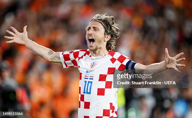 Luka Modric of Croatia celebrates after scoring the team's fourth goal during the UEFA Nations League 2022/23 semifinal match between Netherlands and...