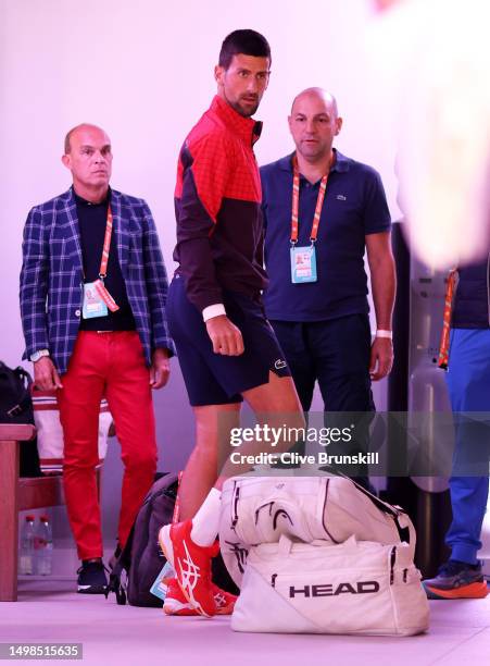 Novak Djokovic of Serbia prepares moments before walking out on to the court for his second round match on Day 4 of the 2023 French Open at Roland...