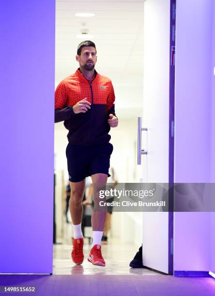 Novak Djokovic of Serbia prepares moments before walking out on to the court for his second round match on Day 4 of the 2023 French Open at Roland...